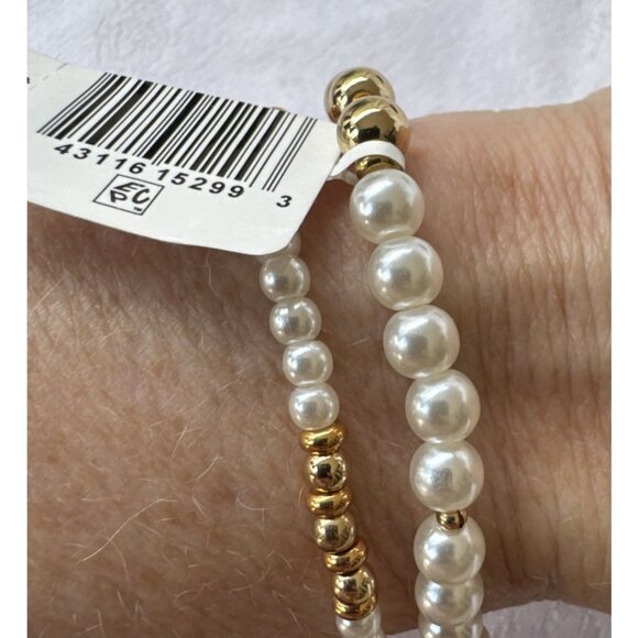 Aqua Pearl Goldtone 2 Pc Stretch Stackable Bracelet 14K Plated NWT $80 - Picture 4 of 9